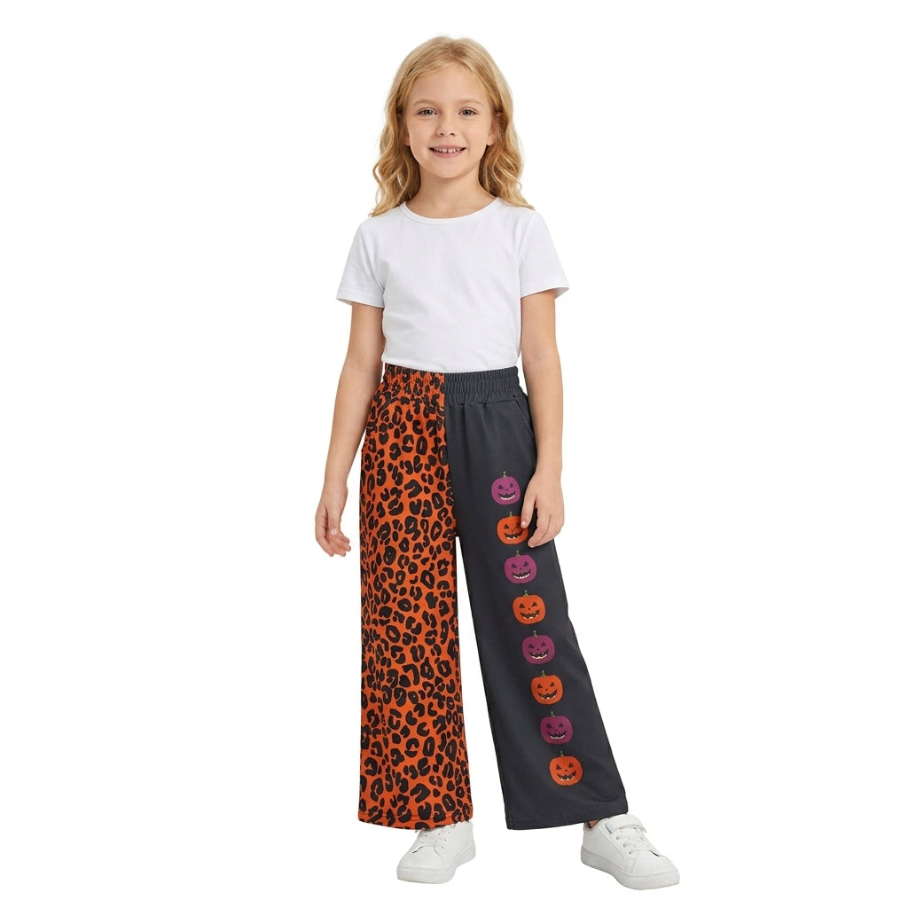 P1136 Halloween Leopard Pumpkin Girls Wide Leg Pants