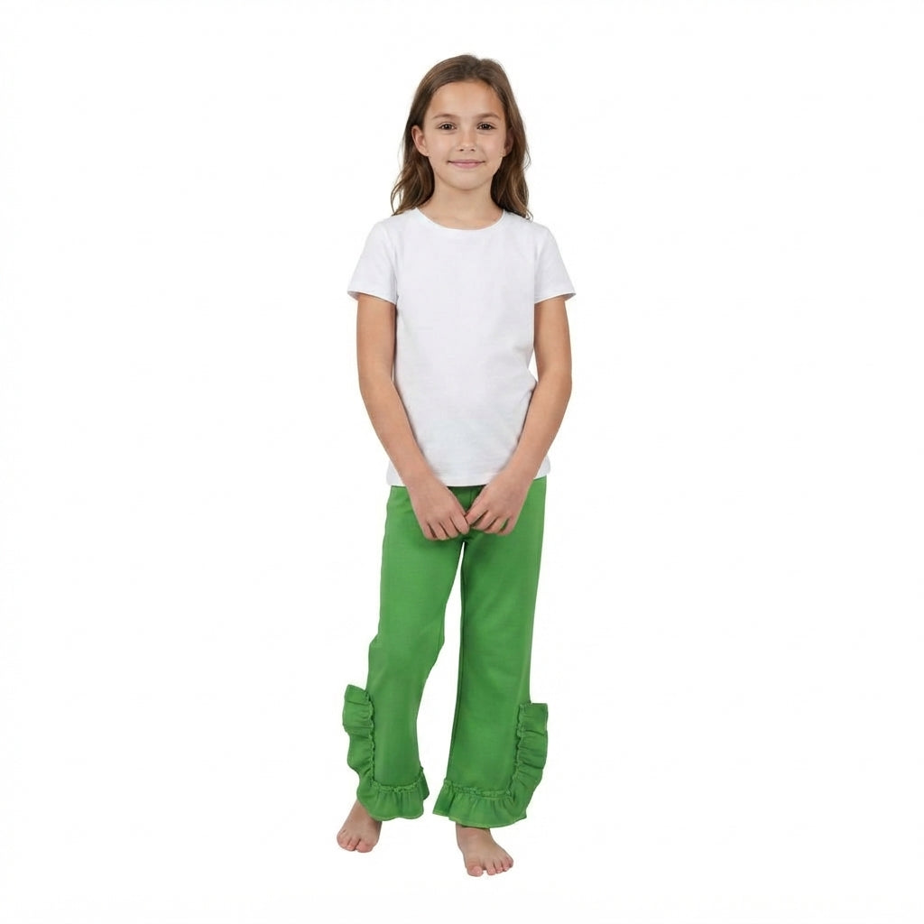 P1165 Solid Green Ruffles Girls Pants