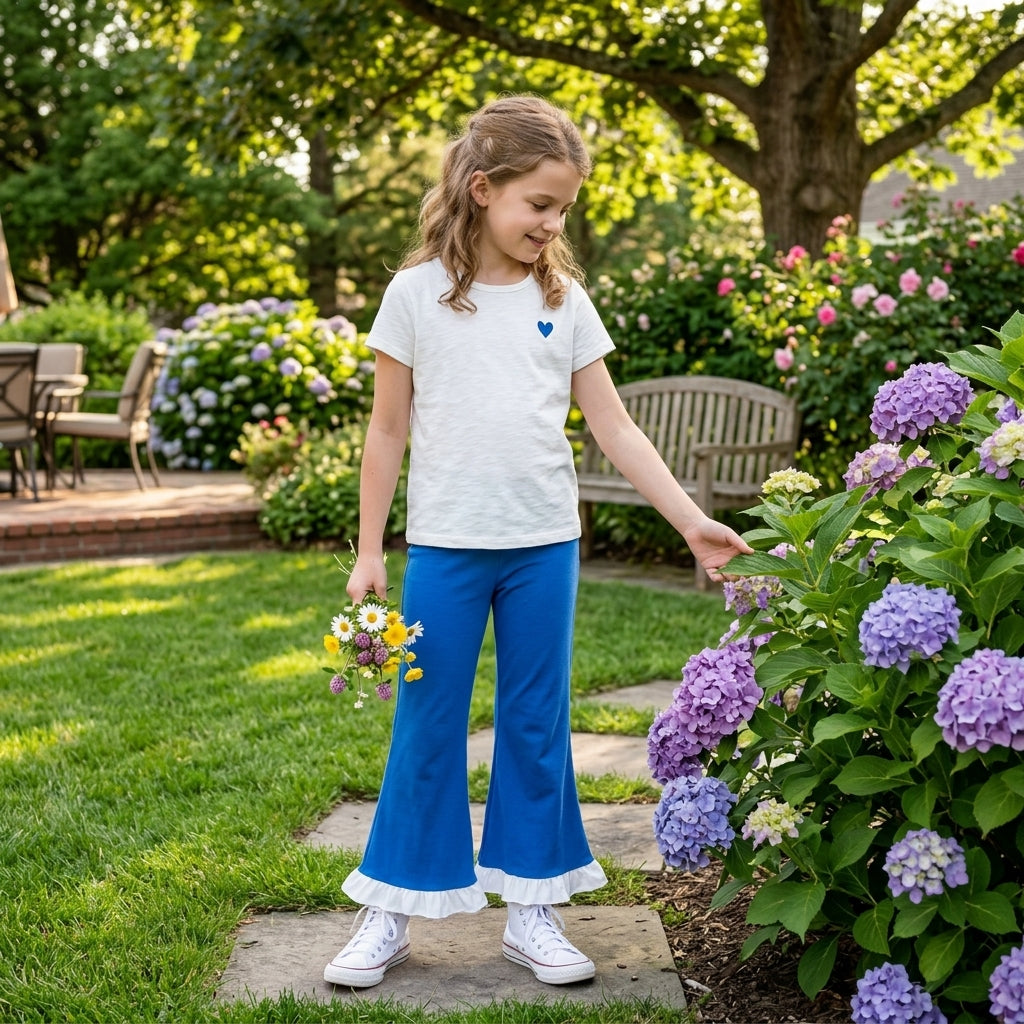 P1170 Solid White Ruffles Blue Girls Pants