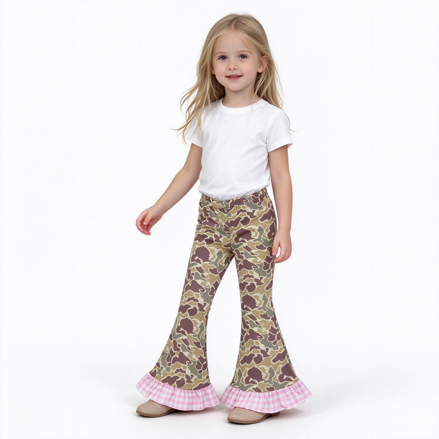 P1183 Hunting Camo Pink Plaid Ruffles Girls Flared Pants