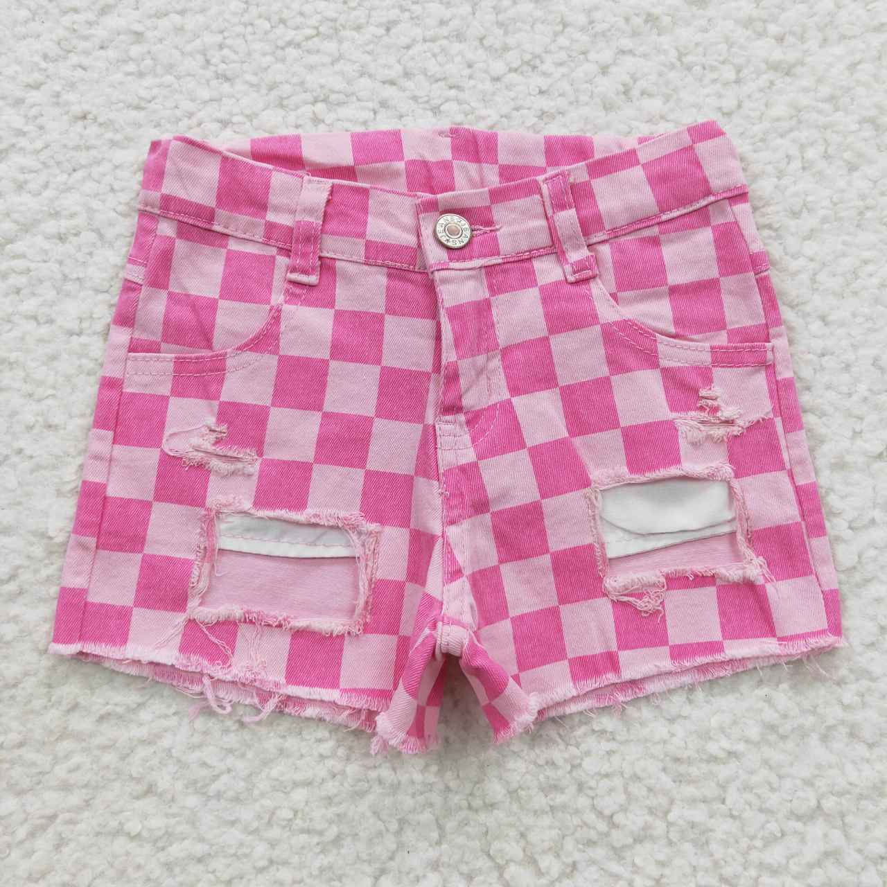 Summer Pink Plaid Short Jeans