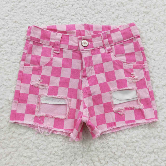 Summer Pink Plaid Short Jeans