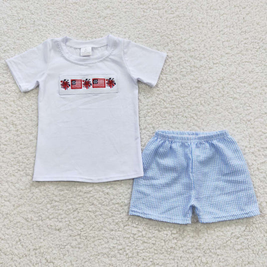 July Of 4th Embroidered Flag Boy Suit Summer Set