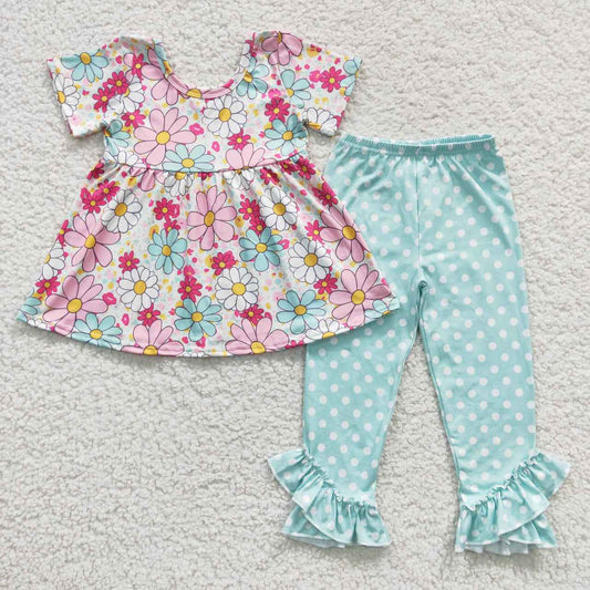 Green Flowers Leggings With Ruffle Outfits