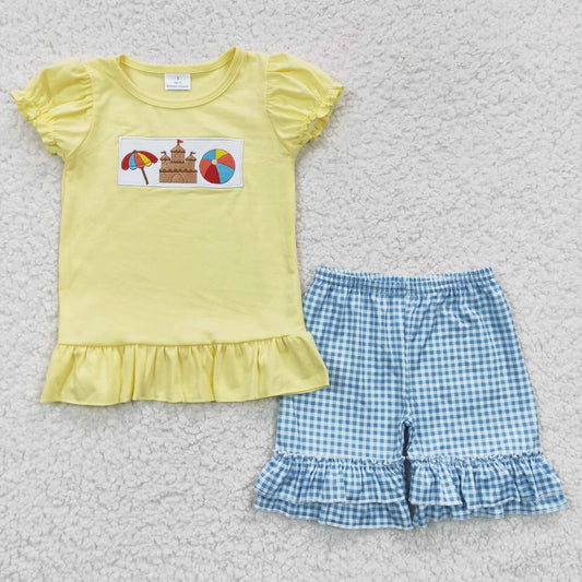 Yellow Sailboat plaid Embroidered  Summer Set