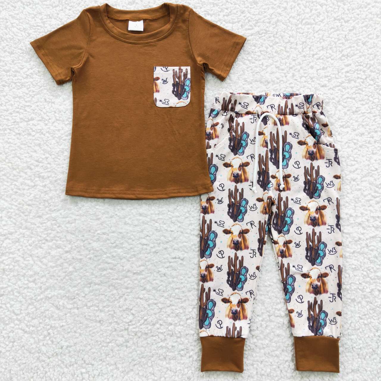 Brown Western Cow Print Pattern Boy Set