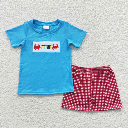 Embroidered Crab Blue Plaid Boy Summer Set