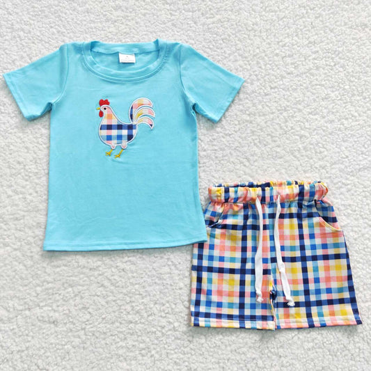 Embroidered Chicken Blue PlaidSummer Set