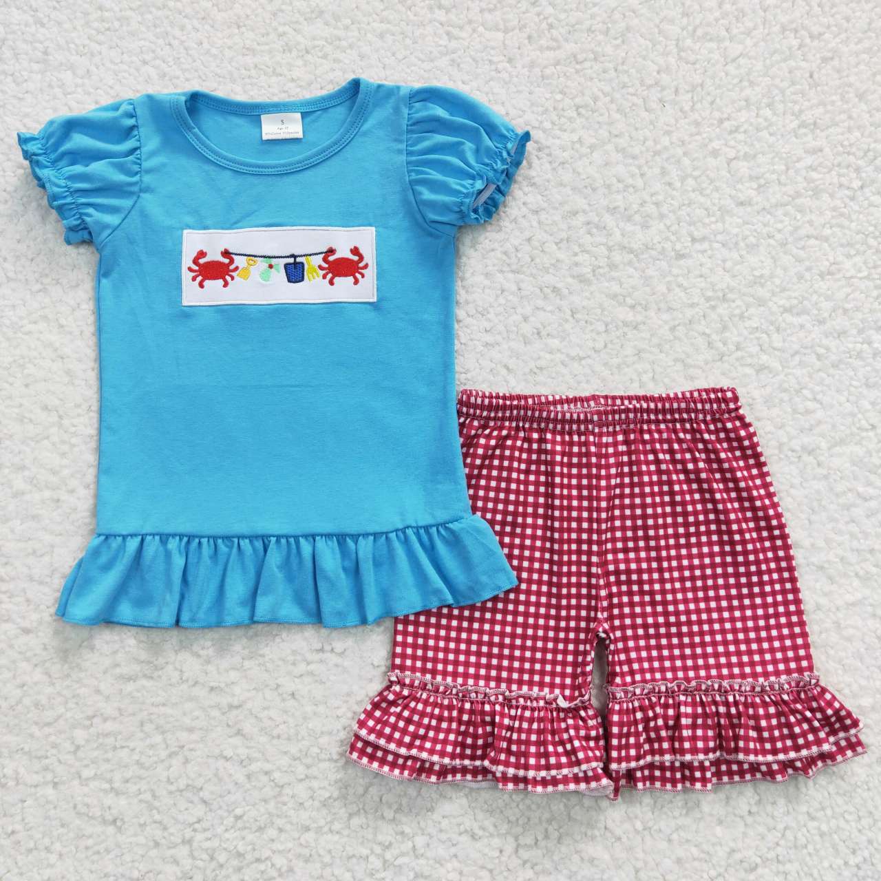 Embroidered Crab Blue Plaid Girls Summer Set