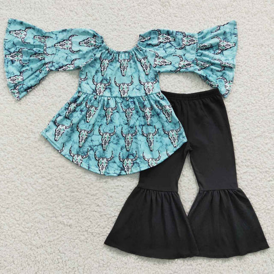 Western Cow Blue Girls Set