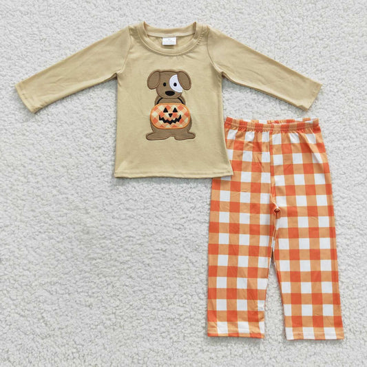 Halloween Embroidery Pumpkin Dog Boy Set