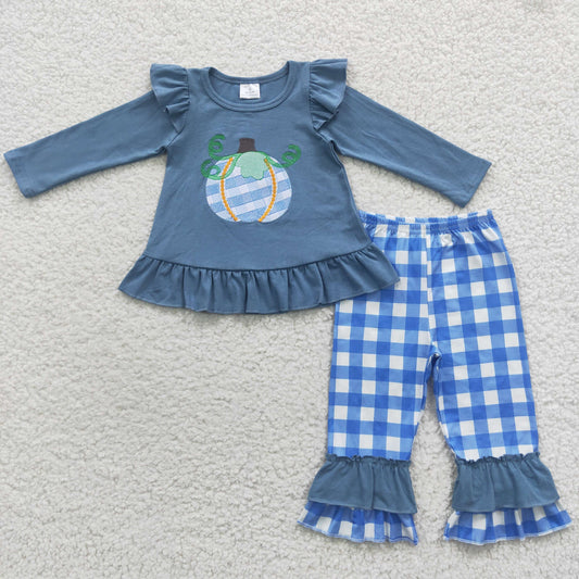 Fall Outfits Embroidery Pumpkin Ruffle Girls Set