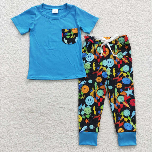 Blue Smile Print Boy Outfit