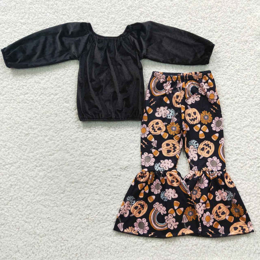 Halloween Black Velvet Ruffle Girls Top Pumpkin Bell Pants Girls Set