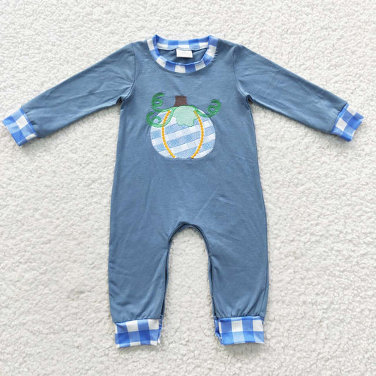 Blue Embroidery Pumpkin Boy Romper