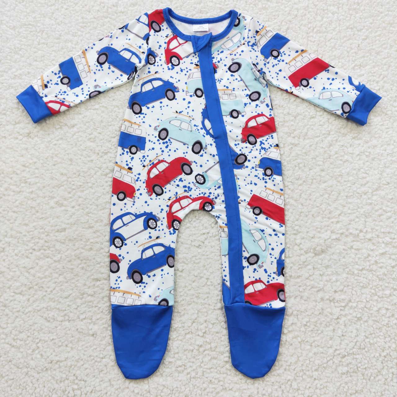 Blue Car Baby Romper With zipper