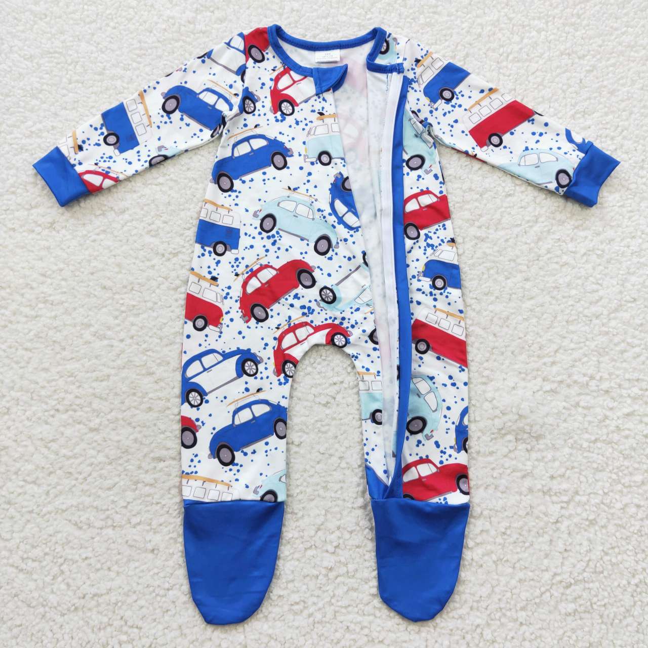 Blue Car Baby Romper With zipper