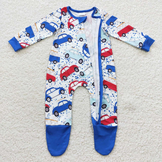 Blue Car Baby Romper With zipper