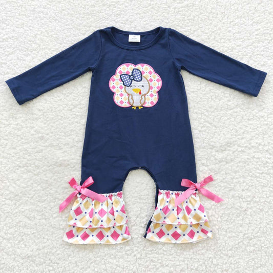 Thanksgiving Navy Turkey Embroidery Girls Romper