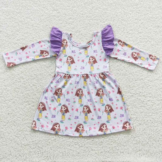 Purple Cartoon Long Sleeve Girls Dress