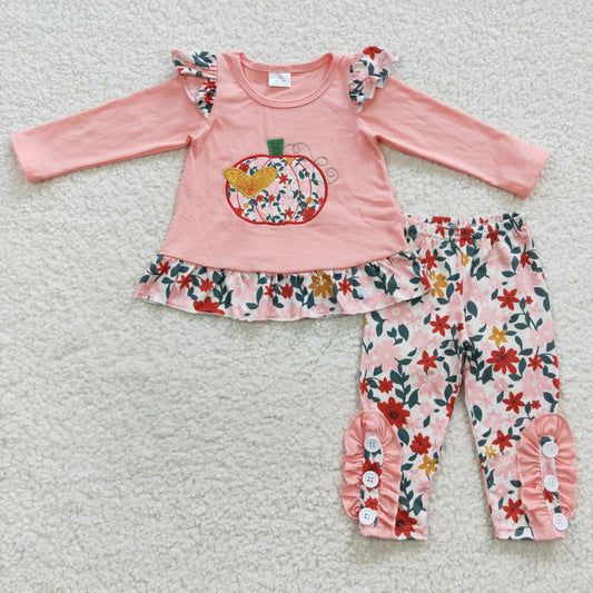 Fall Pink Embroidered Pumpkin Girls Outfits
