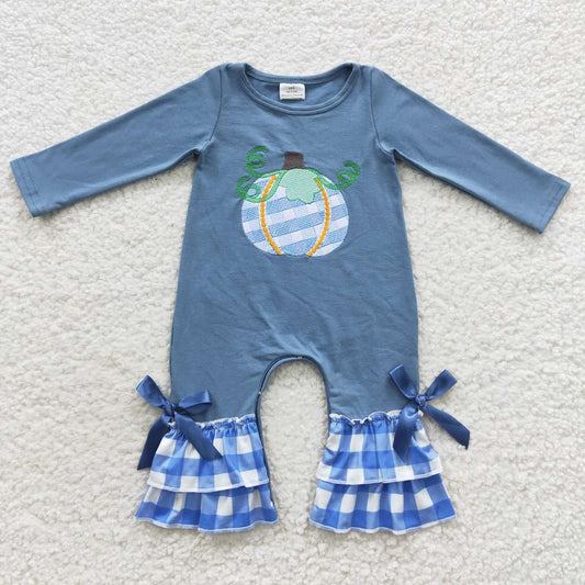 Blue Embroidery Pumpkin Girls Romper
