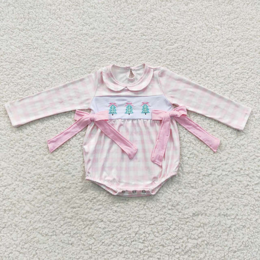 Christmas Pink Embroidery Tree Baby Girls Romper