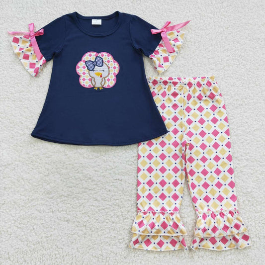 Navy EmbroideredTurkey Floral Girls Outfits