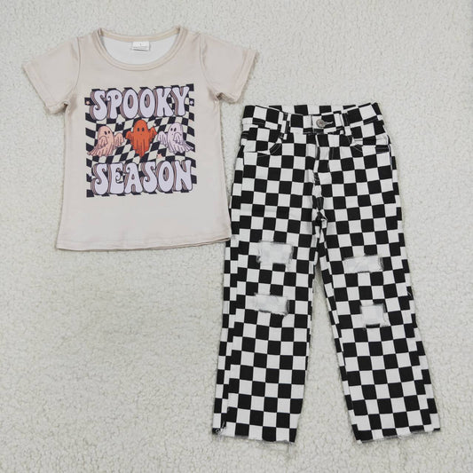 Halloween Ghost Black and White Plaid Jeans Set