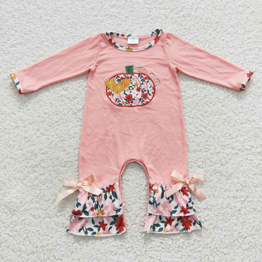 Halloween Pink Embroidered Pumpkins Girls Romper