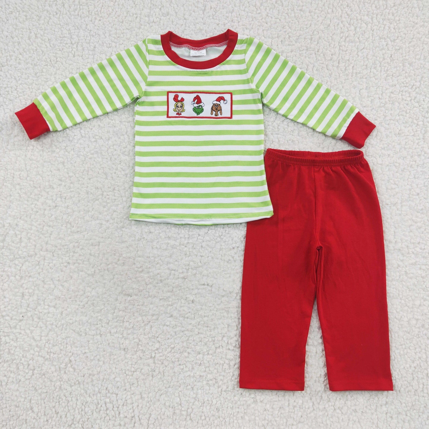 Christmas Green Embroidery Cartoon Boy Outfits