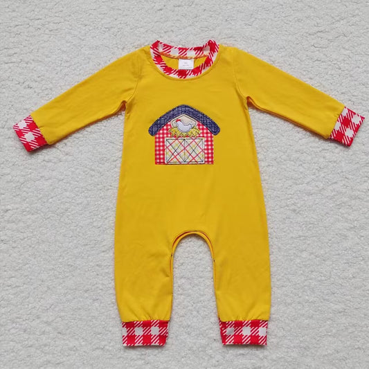 Fall Embroidered Chicken Red Plaid Baby Boy Romper