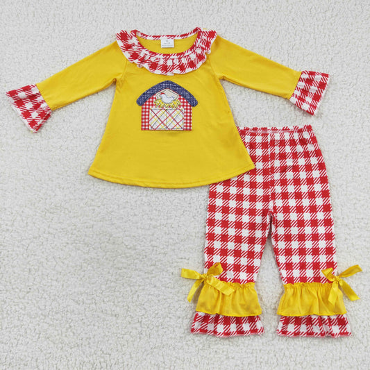 Fall Embroidered Chicken Red Plaid Pants Girls Outfits