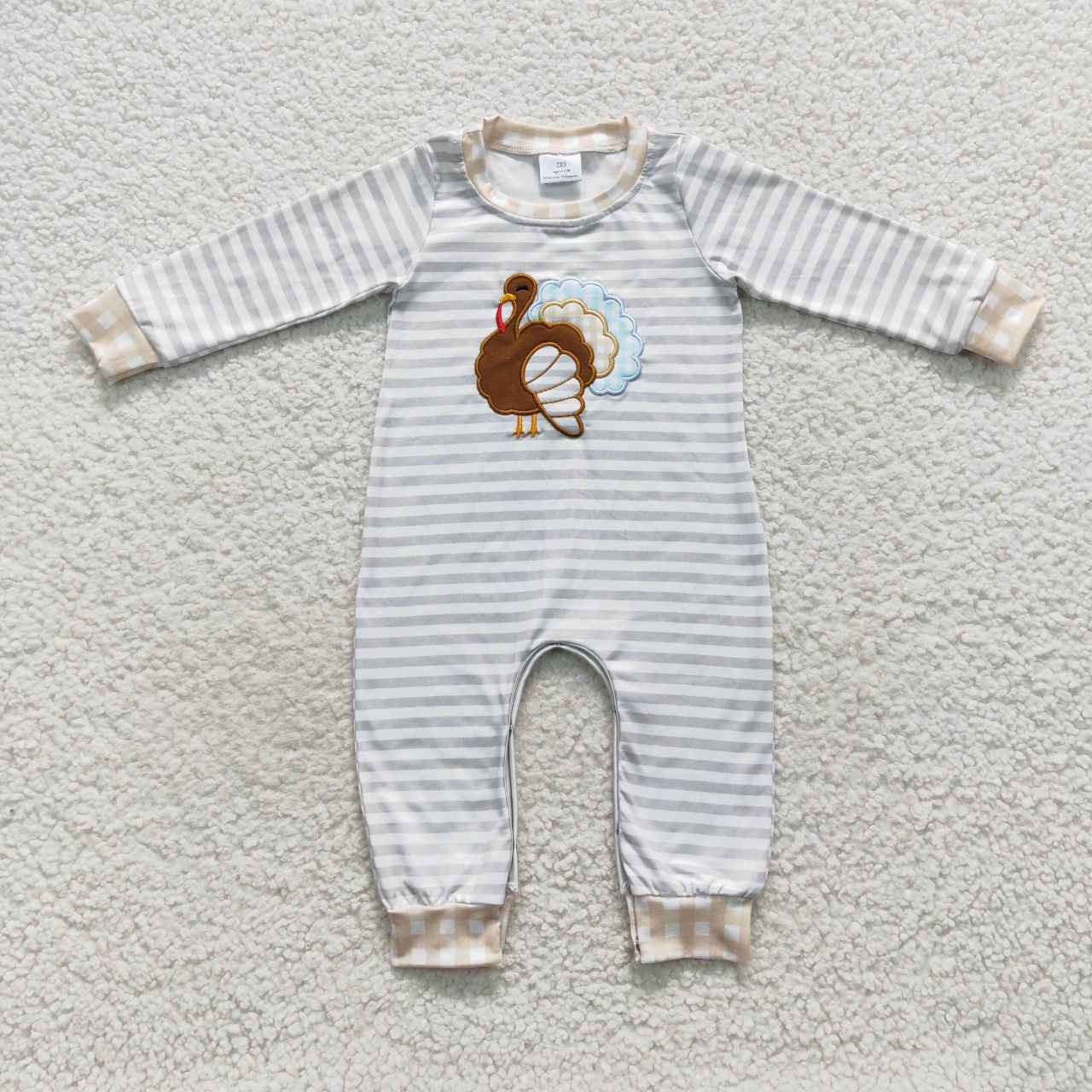 Thanksgiving Turkey Plaid Boy Baby long Romper