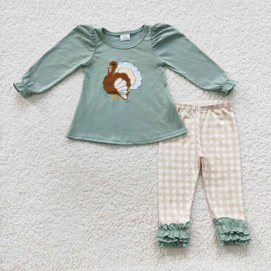 Thanksgiving Turkey Plaid Pants Girls Long Sleeve Suit