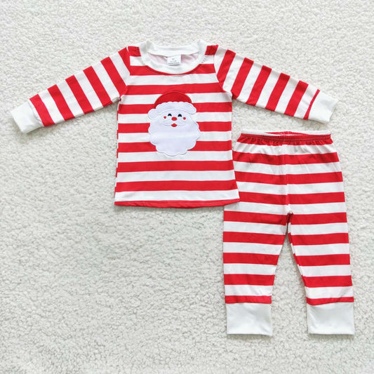 Christmas Green Stripe Embroidery Santa Boy Outfits