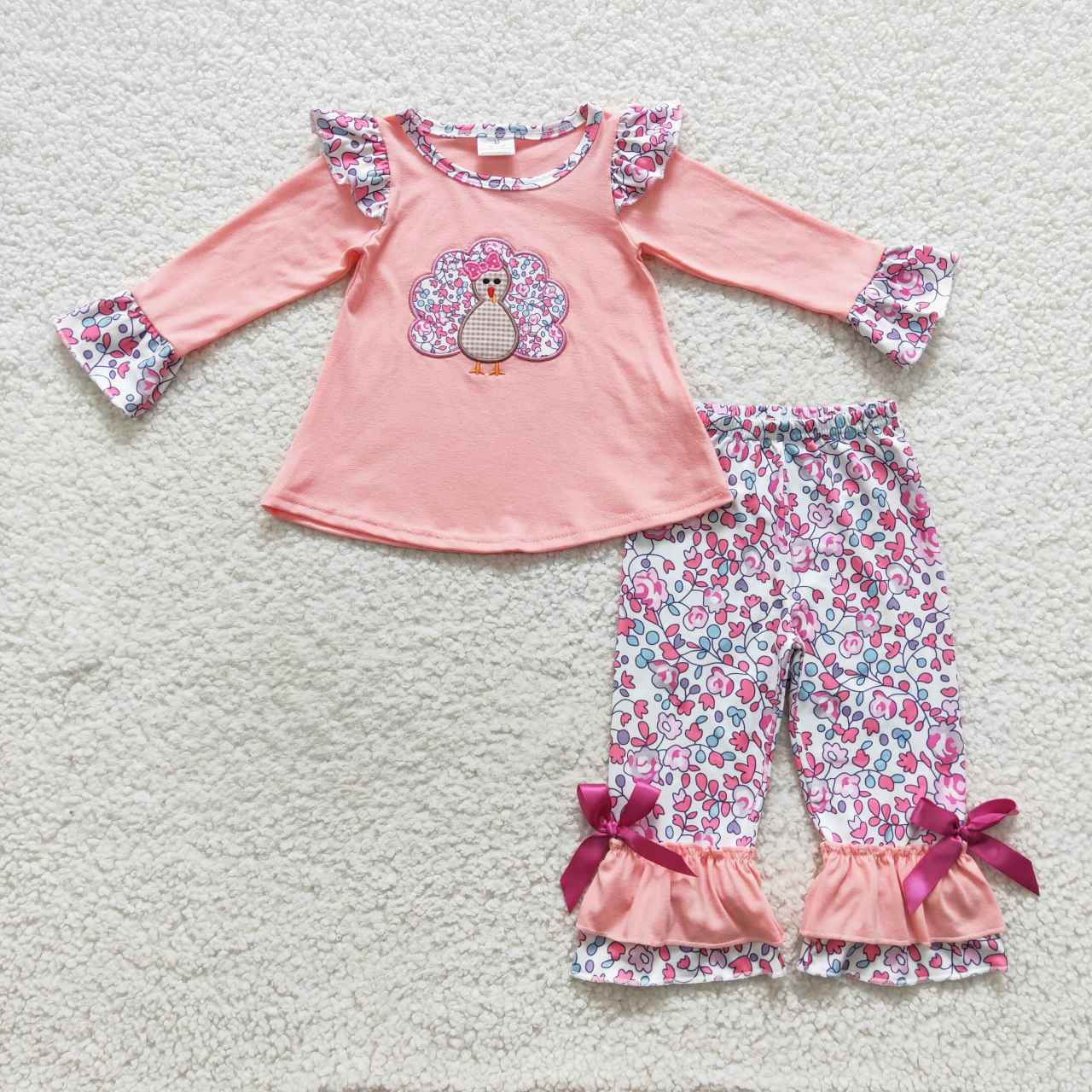 Thanksgiving Pink Floral Embroidered Turkey Girls Outfits