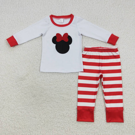 Christmas Red Stripe Embroidery Cartoon Girls Outfits