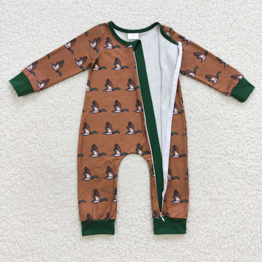 Brown Duck Cartoon Long Sleeve Baby Romper With zipper