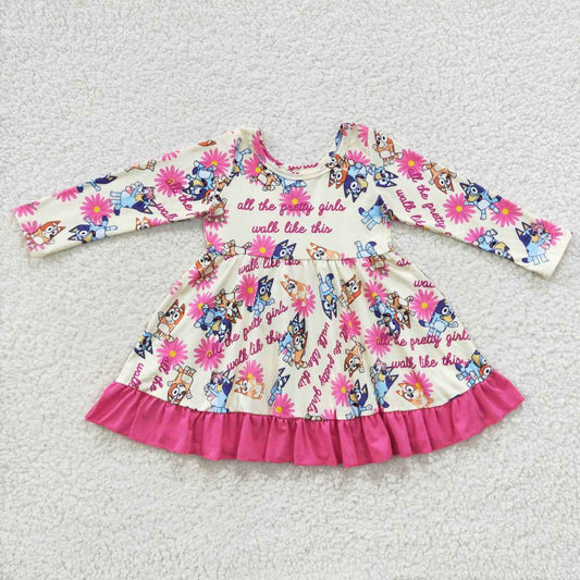 Pink Cartoon Daisy Dog Long Sleeves Dress