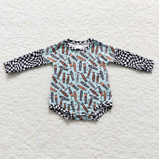 Black Plaid skateboard Smile Print long sleeves romper