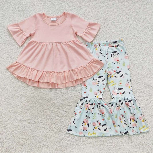 Cow Ruffle Pink Bell Pants Girls Outfits