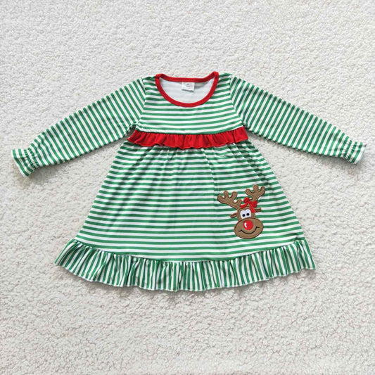 Christmas Green Stripe Embroidery Deer Long Sleeves Dress