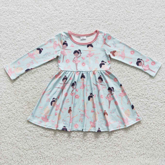 Green Cartoon Long Sleeve Girls Dress