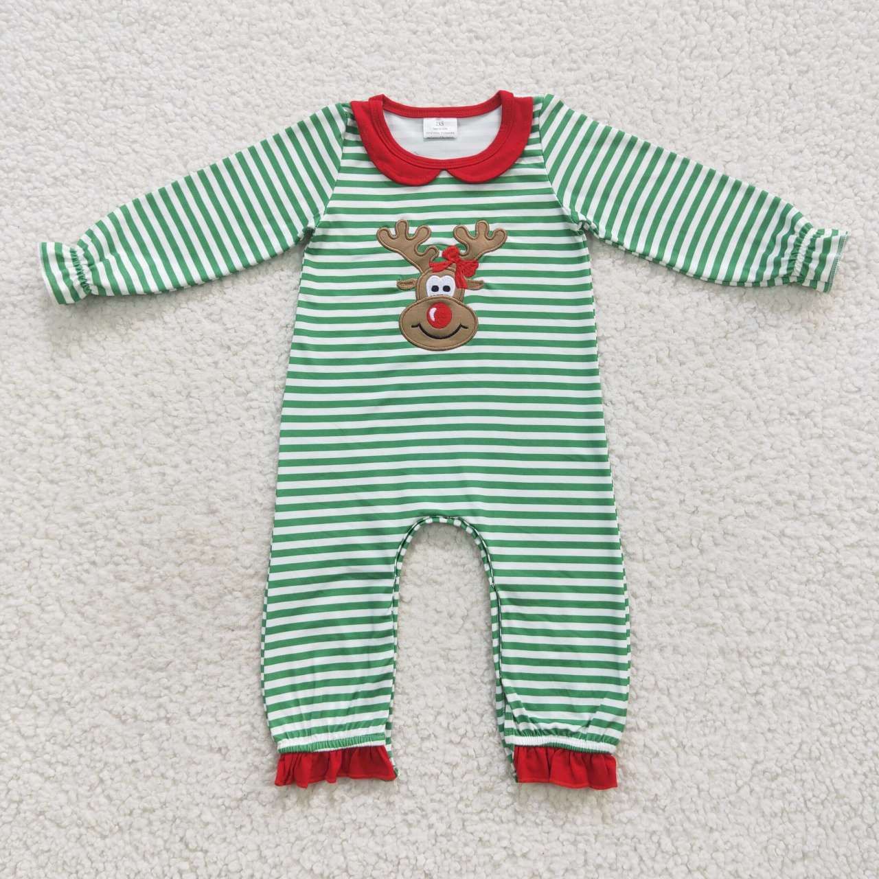 Christmas Green Stripe Embroidery Deer Boy Romper