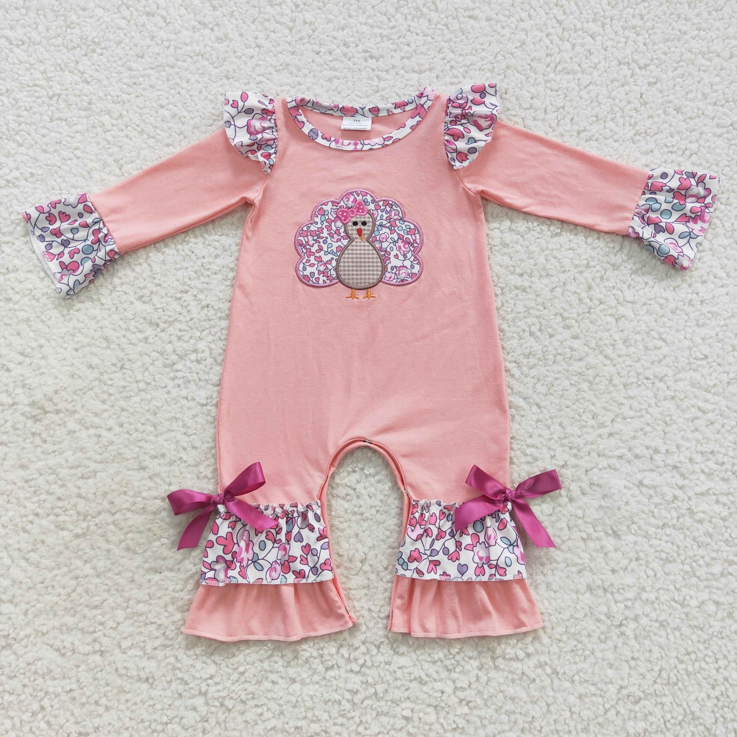 Thanksgiving Pink Floral Embroidered Turkey Girls Romper