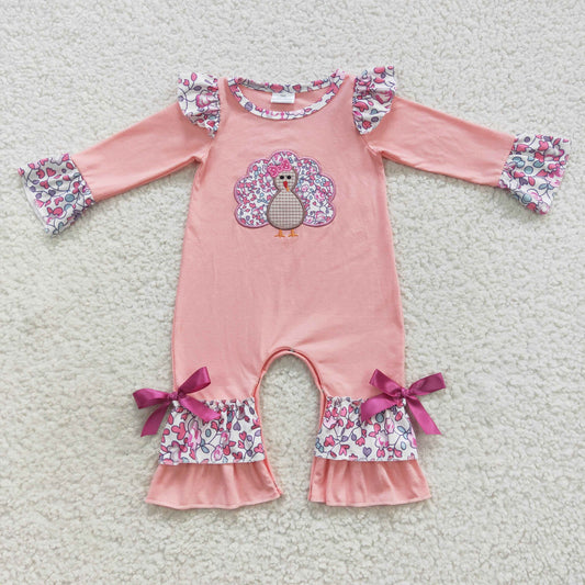 Thanksgiving Pink Floral Embroidered Turkey Girls Romper