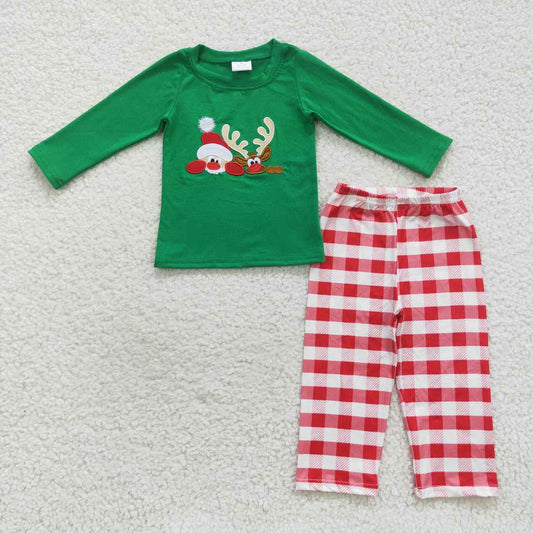 Christmas Green Embroidery Deer Boy Outfits
