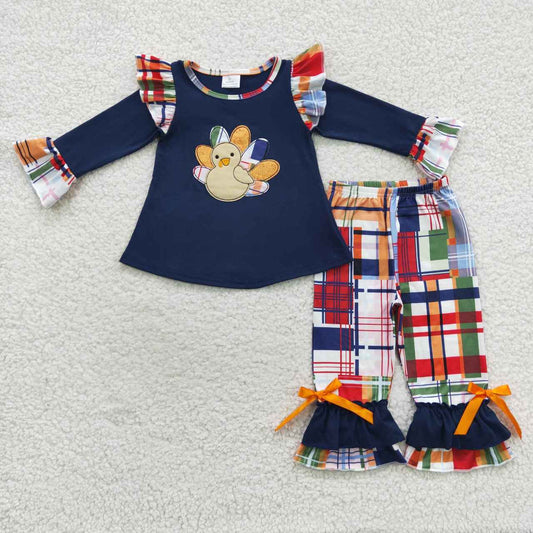 Thanksgiving Day Embroidered Turkey Girls Outfits