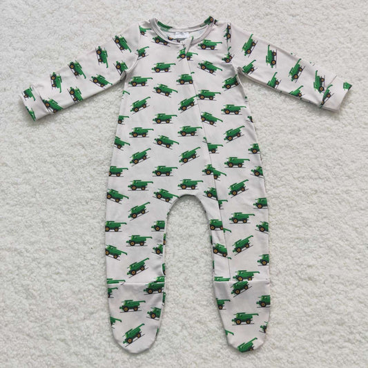 Green Car Baby Romper With zipper